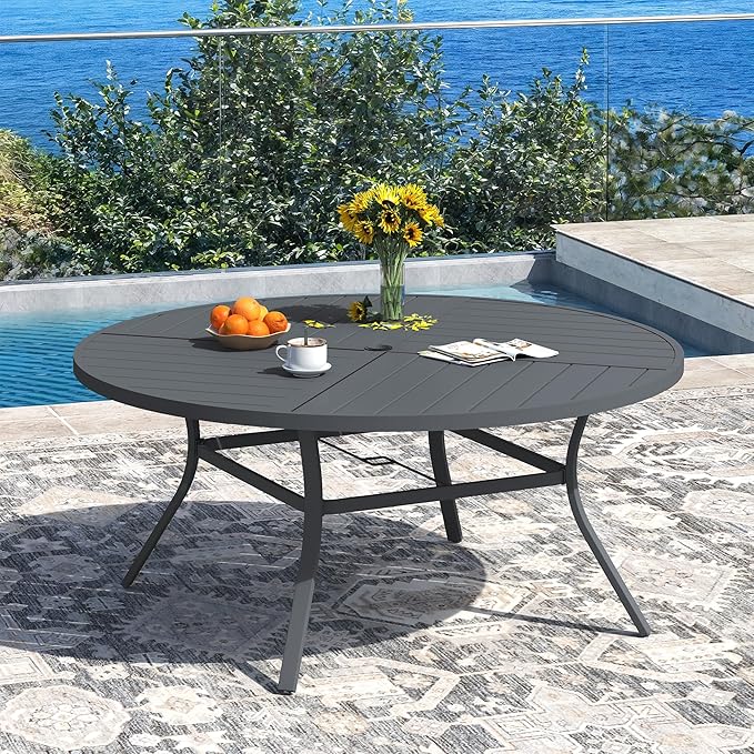 DIFY 59.8" Round Outdoor Patio Dining Table for 8-10, All-Weather Metal Steel Slatted Patio Table with 1.57" Adjustable Umbrella Hole for Garden, Backyard, Deck, Grey