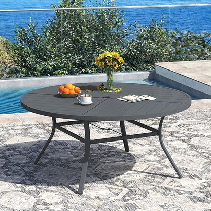DIFY 59.8" Round Outdoor Patio Dining Table for 8-10, All-Weather Metal Steel Slatted Patio Table with 1.57" Adjustable Umbrella Hole for Garden, Backyard, Deck, Grey