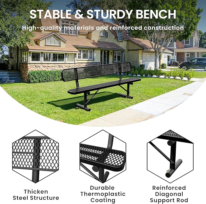 8 Feet Heavy Duty Metal Park Bench for Outside, Outdoor Bench with Backrest & Portable Frame, Commercial Benches for Shopping Malls, Stores, Parks, Patios, Decks, Black