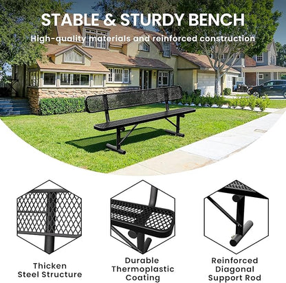 8 Feet Heavy Duty Metal Park Bench for Outside, Outdoor Bench with Backrest & Portable Frame, Commercial Benches for Shopping Malls, Stores, Parks, Patios, Decks, Black