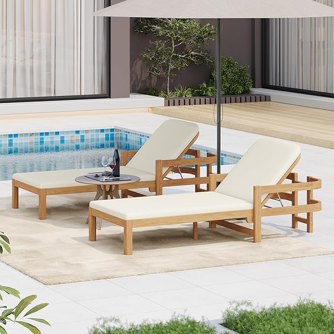Christopher Knight Home Kayas Acacia Wood Chaise Lounge with Adjustable Backrest, 77.5" Outdoor Sun Lounger with Cushion, Patio Lounger Recliner Chair for Poolside Lawn, Light Teak+Cream, Set of 2