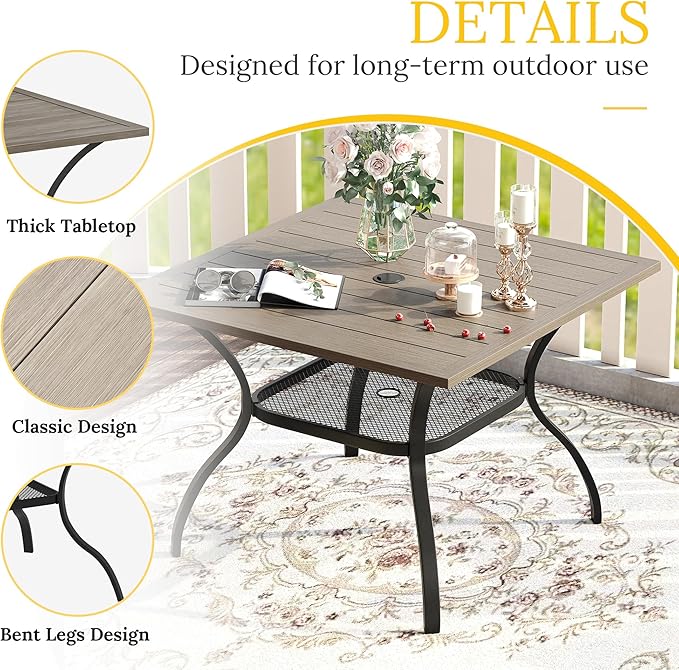 VICLLAX 37.8" Square Outdoor Patio Table, All Weather Metal Outdoor Dining Table for Lawn Garden, Grey Wood-Like Tabletop