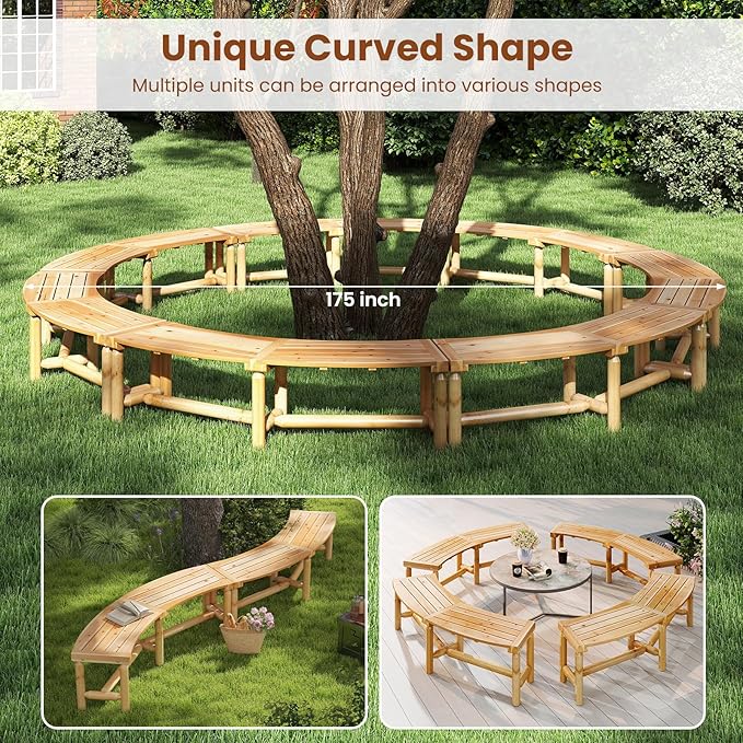 Tangkula Patio Curved Bench Set of 4, Solid Wood Fire Pit Bench for 2-3 People, Outdoor Backless Loveseat for Backyard, Garden, Poolside, 800 LBS Max Load (Natural)