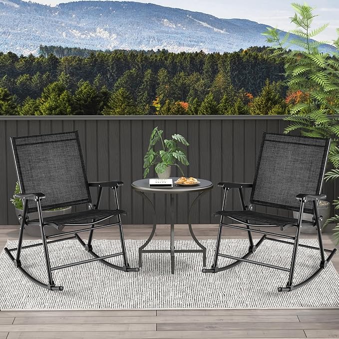 Tangkula Folding Rocking Chairs Set of 4, Patio Rockers with Breathable Seat Fabric & Sturdy Metal Frame, Smooth Rocking Motion, Heavy-Duty Outdoor Rocker for Backyard, Front Porch, Poolside
