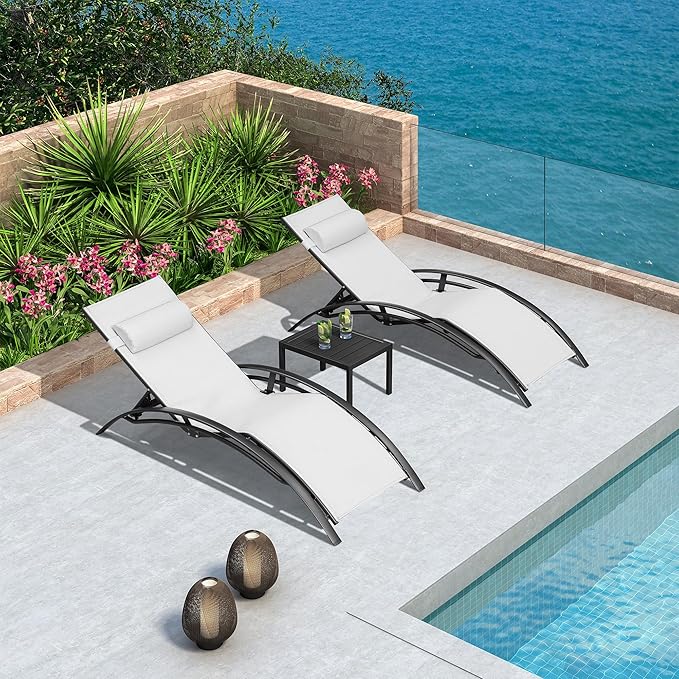 PURPLE LEAF Patio Chaise Lounge Chair Set with 2 Side Table Outdoor Pool Adjustable Recliner Chairs for Outside Beach Poolside Sunbathing Tanning Lounger