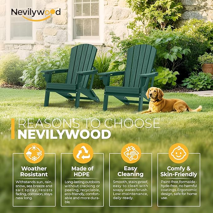 nevilywood Folding Adirondack Chairs Set of 2, All-Weather Fade-Resistant Design with Cup Holders, Great for Patio, Balcony & Outdoor Spaces,Green
