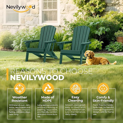 nevilywood Folding Adirondack Chairs Set of 2, All-Weather Fade-Resistant Design with Cup Holders, Great for Patio, Balcony & Outdoor Spaces,Green