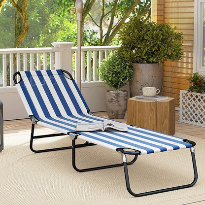 Outsunny Folding Chaise Lounge Pool Chairs, Outdoor Sun Tanning Chairs with 5-Level Reclining Back, Steel Frame for Beach, Yard, Patio, Blue and White