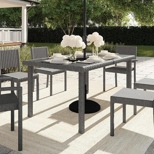 Martha Stewart Bedford 62" Indoor-Outdoor Patio Table with Faux Wood Top and Rattan Wicker Finish in Gray