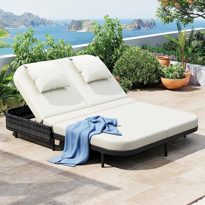 SOFTSEA Patio Rattan Daybed for 2 People, with 5-Position Adjustable Backrest, Outdoor Chaise Lounge with Removable Cushions&Pillows, Iron Frame Outdoor Daybed for Pool Garden, Beige+Black