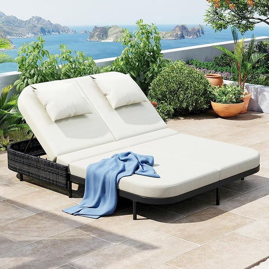 SOFTSEA Patio Rattan Daybed for 2 People, with 5-Position Adjustable Backrest, Outdoor Chaise Lounge with Removable Cushions&Pillows, Iron Frame Outdoor Daybed for Pool Garden, Beige+Black