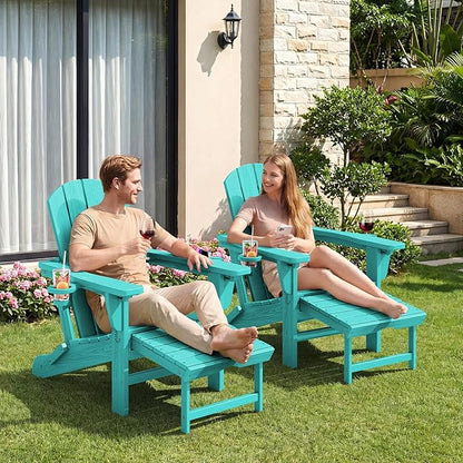 KINGYES Adjustable Folding Adirondack Chairs with Footrest & 2 Cup Holders Set of 2, HDPE Recliner Adirondack Chair with Ottoman, Aruba