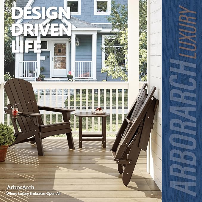 Folding Adirondack Chair with Cup Holder, HDPE All Weather Resistant Plastic Outdoor Patio Chairs, Heavy Duty Fire Pit Seating for Backyard Lawn Garden, Wooden Textured Design(Coffee)