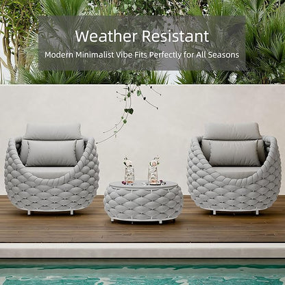 Round Coffee Table for Indoor & Outdoor Use, Aluminum Patio Furniture with Handwoven Ropes, Weather-Resistant for Garden, Terrace & Poolside (Gray)