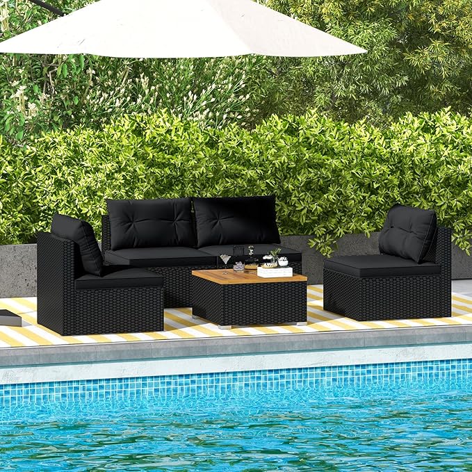 Tangkula 5 Piece Rattan Sofa Set, Outdoor Wicker Furniture Set w/Seat & Back Cushions, Square Coffee Table - Photo 4