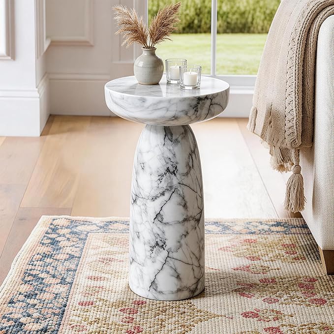 Marble Side Table, 24" Modern Accent Table with Pedestal Stand, Durable Faux Marble Side Table for Small Spaces, Marble Look Coffee Table Accent Drink Tables for Living Room Patio Balcony