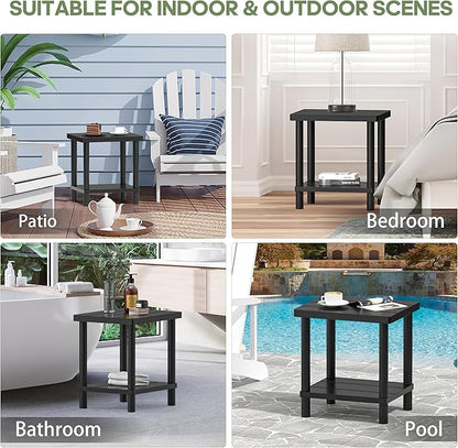 Outdoor Side Table, 2-Tier Small Outdoor Table for Patio, Adirondack Side Tables for Outside or Indoor, Bamboo End Table for Pool, Porch, Weather Resistant Easy Maintenance-Black