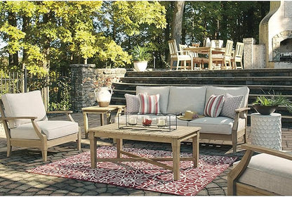 Signature Design by Ashley Clare View Outdoor Patio Sofa, 4 Throw Pillows, Nuvella Weather Resistant Fabric, Eucalyptus Wood, 81" W x 35" D x 32" H, Beige