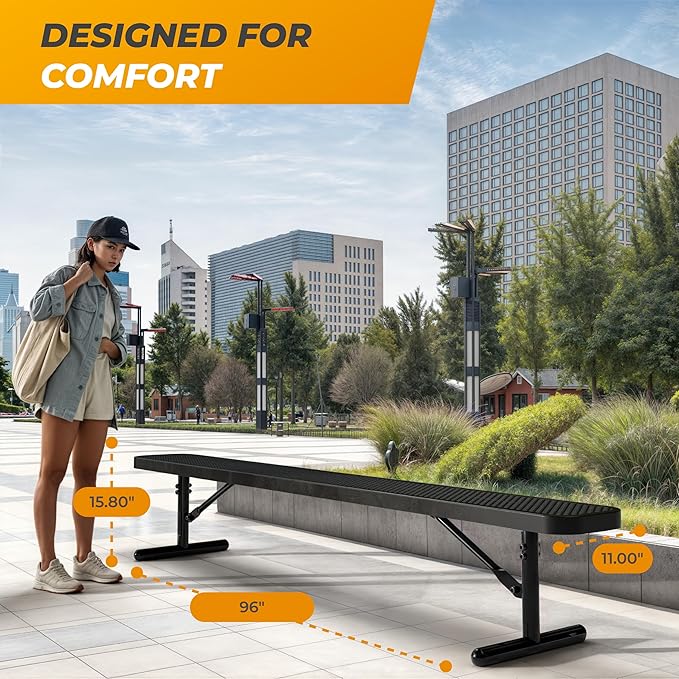 Heavy-Duty Outdoor Metal Bench, Thermoplastic-Coated, Portable, Weatherproof, Commercial-Grade for Parks, Gardens - Photo 6