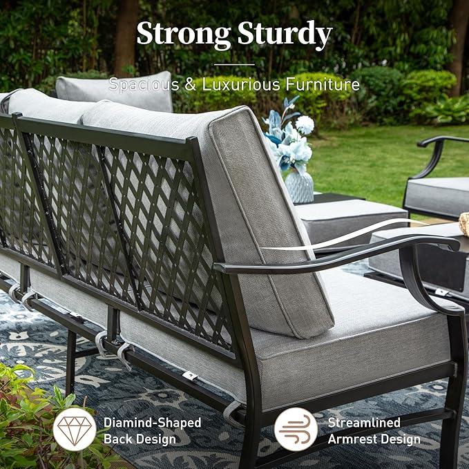 Metal Patio Sofa with 5.75" Extra Thick Waterproof Cushion, 3-Seater High-Back Outdoor Couch All Weather Outdoor Seating for Backyard Deck Front Porch, Gray