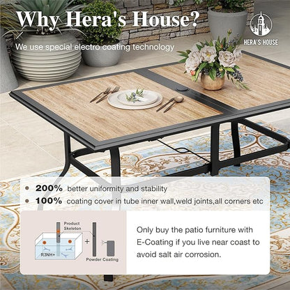 HERA'S HOUSE Patio Dining Table, 60"x38" Rectangle Outdoor Dining Table Top with Umbrella Hole and Metal Steel Frame for Lawn Garden Backyard