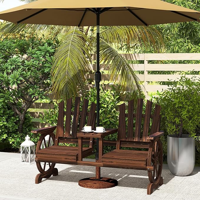 Outsunny Wooden Garden Bench with Table, Umbrella Hole, 2-Seat Wagon Wheel Outdoor Bench with Slatted Seat, High Backrest, Armrests for Backyard, Patio, Garden, Carbonized