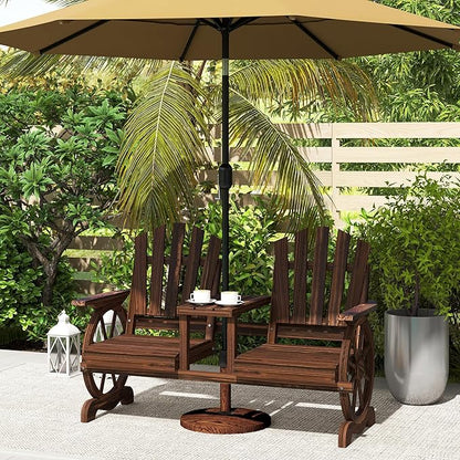 Outsunny Wooden Garden Bench with Table, Umbrella Hole, 2-Seat Wagon Wheel Outdoor Bench with Slatted Seat, High Backrest, Armrests for Backyard, Patio, Garden, Carbonized
