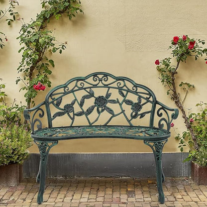 Outvita Outdoor Bench, 38"" Cast Aluminum Garden Bench Anti-Rust Weather Resistant Patio Bench Rose Pattern Bench for Front Porch, Backyard, Lawn, 1, Green