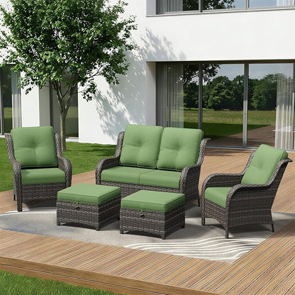 5 Piece Outdoor Wicker Patio Furniture Set, Patio Chairs Set with Thickened Olefin Cushions, High Back and Deep Seating, Hand-Woven PE Rattan, Ottoman for Porch, Deck