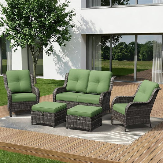 5 Piece Outdoor Wicker Patio Furniture Set, Patio Chairs Set with Thickened Olefin Cushions, High Back and Deep Seating, Hand-Woven PE Rattan, Ottoman for Porch, Deck