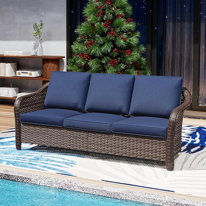 78" Wicker 3-seat Sofa, Outdoor Conversation Furniture, All-Weather Rattan Couch, Steel Frame Couch with Cushions for Garden, Poolside, Porch (Navy Blue)