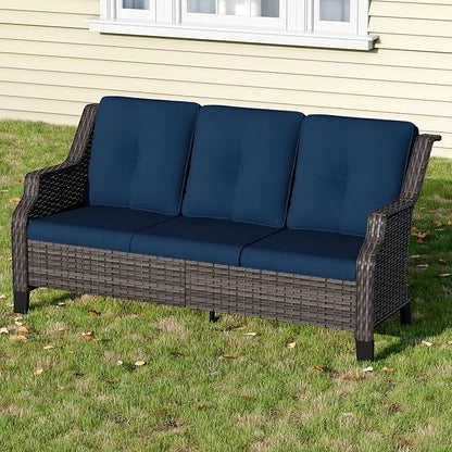 Outdoor Patio Sofa Wicker 3 Seater Sofa, Rattan Couch with Deep Seat and Olefin Cushions, High Backrest, All-Weather for Balcony, Deck, Backyard