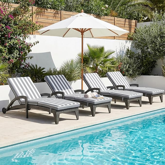 Chaise Lounge Chairs Set of 4, Upholstered 5-Positions Adjustable Pool Loungers, 80" Long Wicker Outdoor Lounge Chairs, Patio Chaise Lounges with Wheels for Sunbathing/Deck/Yard, Stripe