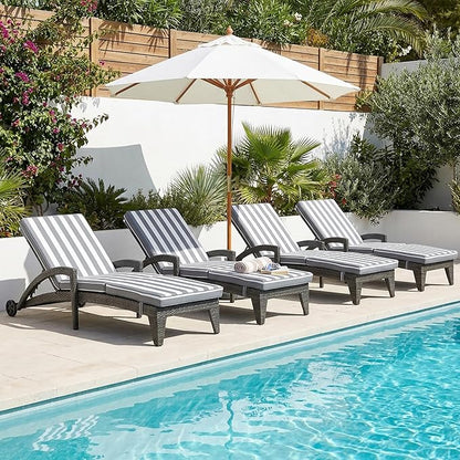 Chaise Lounge Chairs Set of 4, Upholstered 5-Positions Adjustable Pool Loungers, 80" Long Wicker Outdoor Lounge Chairs, Patio Chaise Lounges with Wheels for Sunbathing/Deck/Yard, Stripe