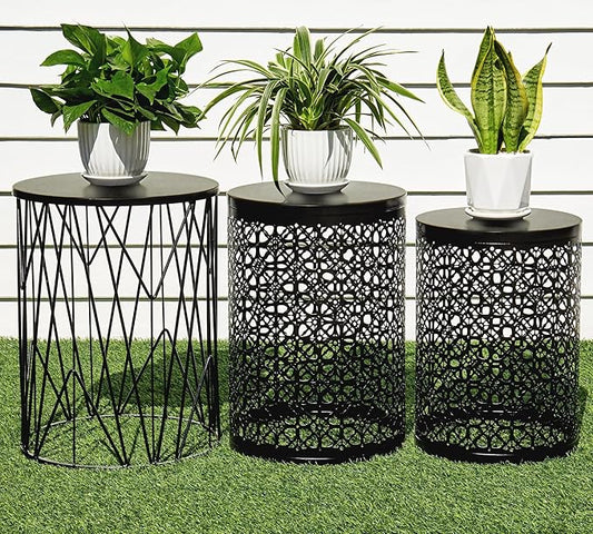 HFHOME Set of 3 Heavy-Duty Round End Table, Side Table, Coffee Table for Indoor Multifunctional Use, Outdoor Decorative Garden Stool Plant Stand-Black