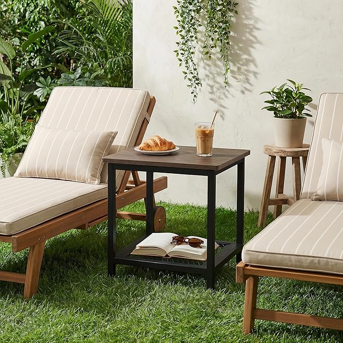 2-Tier Outdoor Side Table with Storage, Weather Resistant Patio End Table, HDPS Small Accent Table for Deck, Garden, Pool, Backyard, Brown