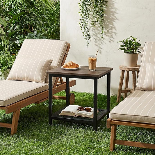 2-Tier Outdoor Side Table with Storage, Weather Resistant Patio End Table, HDPS Small Accent Table for Deck, Garden, Pool, Backyard, Brown
