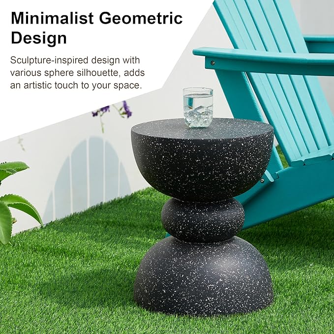 Glitzhome Outdoor Side Table, Round Accent End Table, Lightweight Faux Terrazzo Decorative Garden Stool, 17.25" H Black Planter Stand for Patio Porch Balcony Living Room
