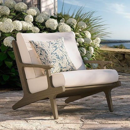 Modway Saratoga Teak Outdoor Lounge Chair in Weathered Gray White – Oversized Patio Accent Armchair with Wood Frame and Weather-Resistant Cushions