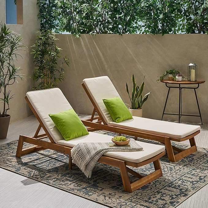 Christopher Knight Home Maki Outdoor Acacia Wood Chaise Lounge with Cushion (Set of 2), Teak and Cream - Photo 2