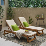 Christopher Knight Home Maki Outdoor Acacia Wood Chaise Lounge with Cushion (Set of 2), Teak and Cream - Photo 2