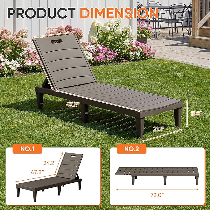 Homall Patio Chaise Lounge Chairs Set of 2, Outdoor Lightweight Lounge Chairs, 5 Position Adjustments Backrest for Outside Pool, Garden, Patio and Beach, Deep Brown