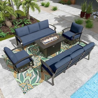 Gotland Aluminum Patio Furniture Set with Fire Pit Table, Metal Patio Furniture with 2 Swivel Rocking Chairs Waterproof 5.1'' Seat Cushions, Oversized Outdoor Sectional for Garden Balcony Porch Navy