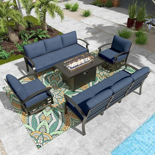 Gotland Aluminum Patio Furniture Set with Fire Pit Table, Metal Patio Furniture with 2 Swivel Rocking Chairs Waterproof 5.1'' Seat Cushions, Oversized Outdoor Sectional for Garden Balcony Porch Navy