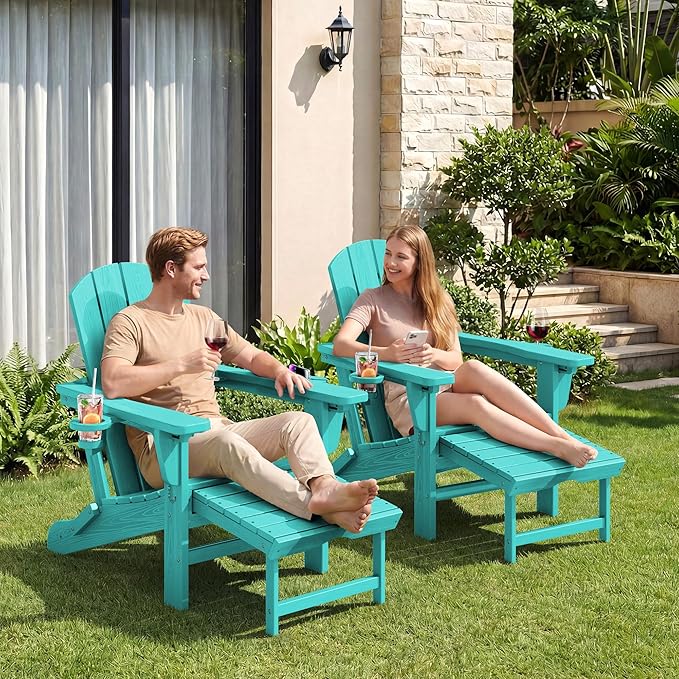 KINGYES Folding Adjustable Adirondack Chair with Ottoman & 2 Cup Holders, HDPE Adirondack Recliner Chair with Footrest, Aruba