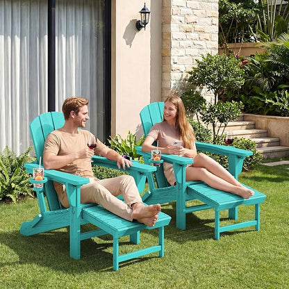 KINGYES Folding Adjustable Adirondack Chair with Ottoman & 2 Cup Holders, HDPE Adirondack Recliner Chair with Footrest, Aruba