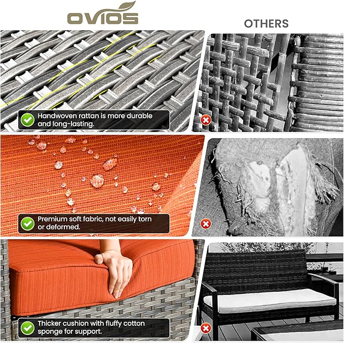 ovios Patio Furniture Set, 7 Pieces Outdoor Wicker Sofa Couch with Swivel Rocking Chairs Glass Table Comfy Cushions - Photo 7
