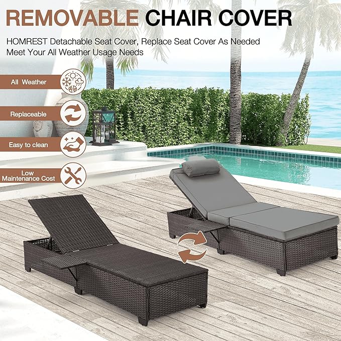 HOMREST PE Wicker Chaise Lounge Chairs Set of 6,Adjustable 5 Position Outside Rattanr Patio Pool Chair with Headrest,Cushion and Storage Rack for Poolside Backyard Porch,Grey