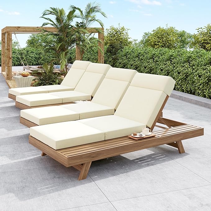 espidoo Adjustable Outdoor Chaise Lounge: 4-Position Recline with 5.75" Headrest - 800lb Capacity Acacia Wood Frame & 4-Inch Water-Resistant Cushion for Poolside Patio - Beige/Light Brown
