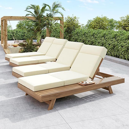 espidoo Adjustable Outdoor Chaise Lounge: 4-Position Recline with 5.75" Headrest - 800lb Capacity Acacia Wood Frame & 4-Inch Water-Resistant Cushion for Poolside Patio - Beige/Light Brown